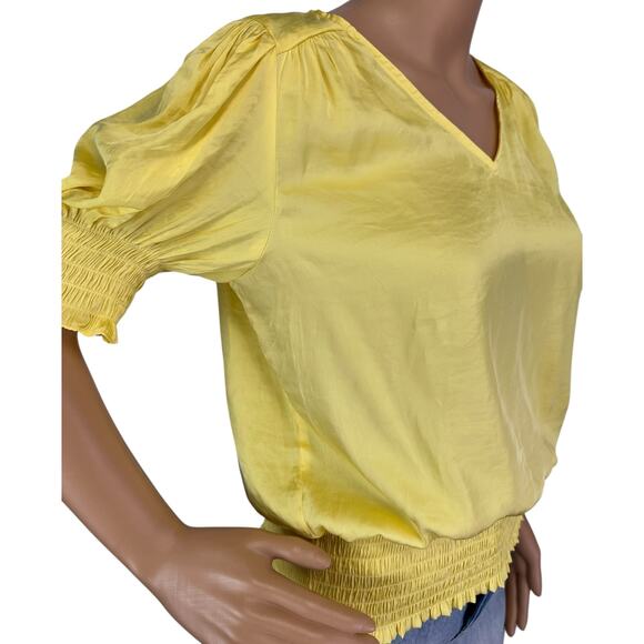 2/$15 Philosophy Satin Smocked Blouse Yellow V-Neck Short Sleeve Size S - Picture 8 of 11
